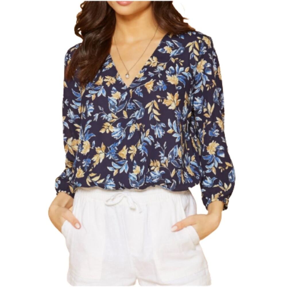Pleione Blouse Top Bodysuit Blue Floral V-Neck Semi Sheer Blouse Medium NEW